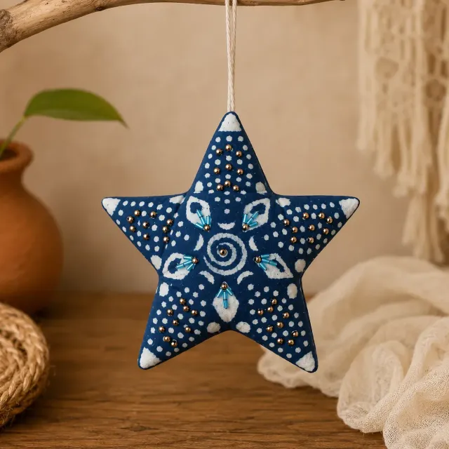Tribu Indigo Étoile tissu bleu à suspendre 15x15 cm indigo