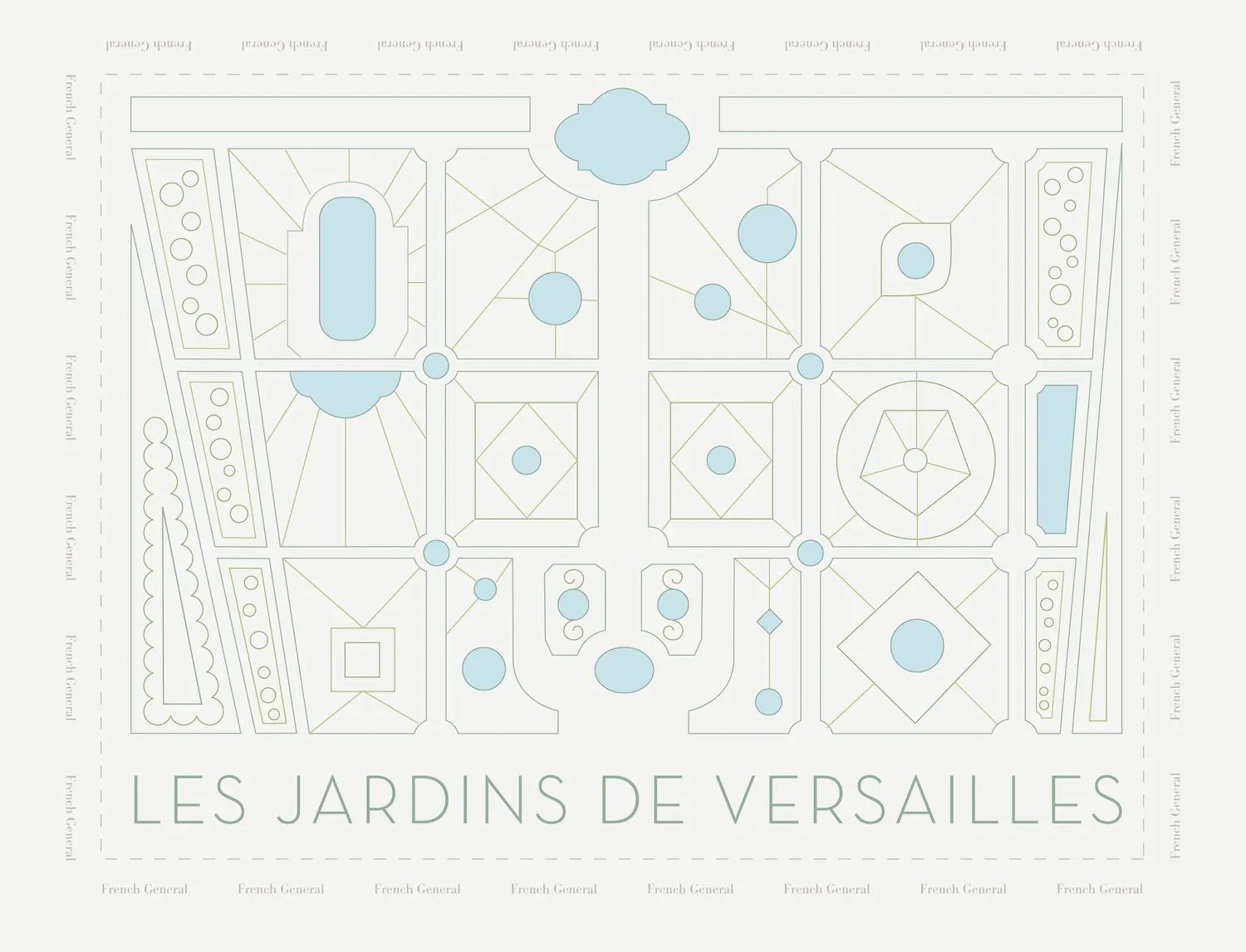 French General Jardins Versailles sampler broderie lin gris