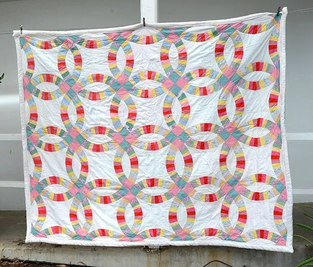 French General Double Wedding Ring quilt vintage 168x203 coton