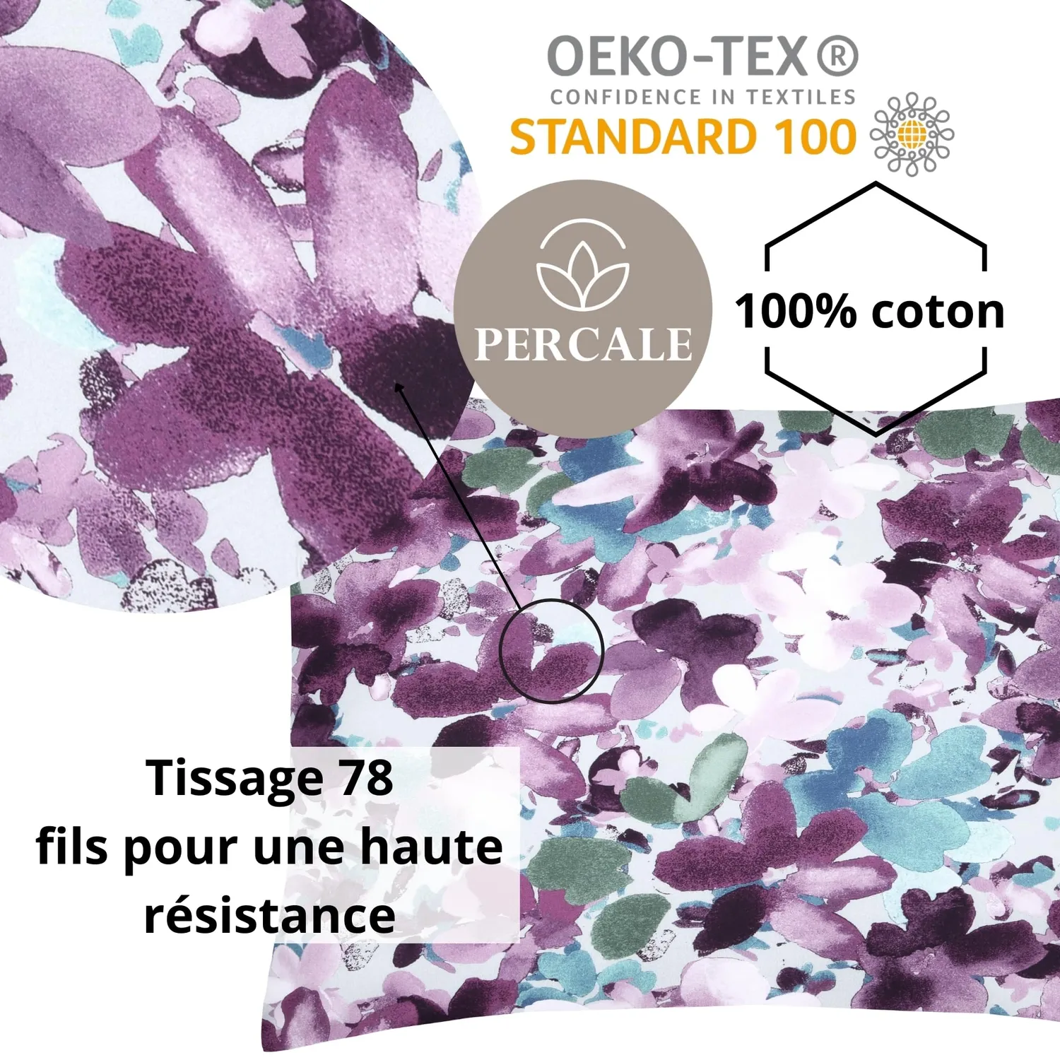 STOF Pervenche taie d’oreiller 50x70 parme rose percale coton