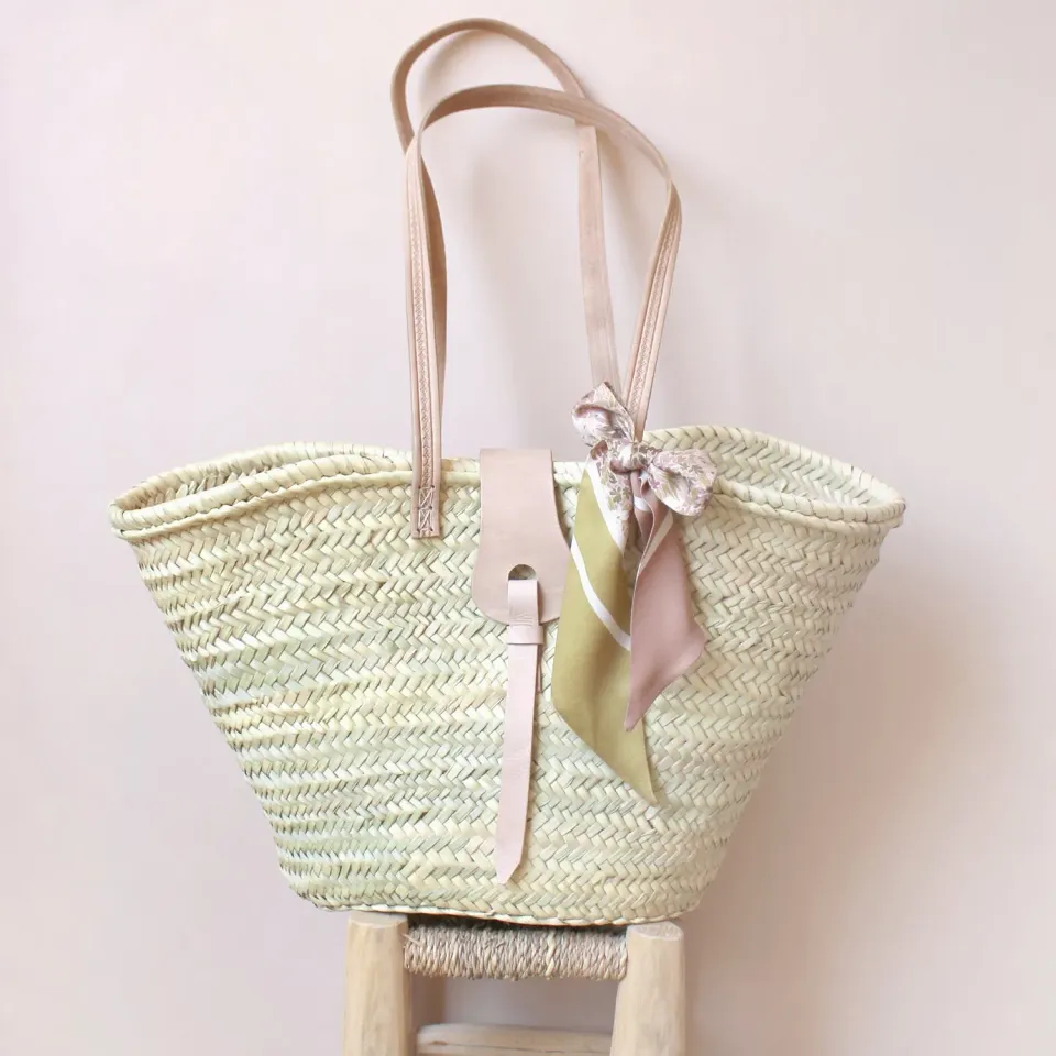 La Maison Naïve Panier Palme Cuir Rose Grandes Anses
