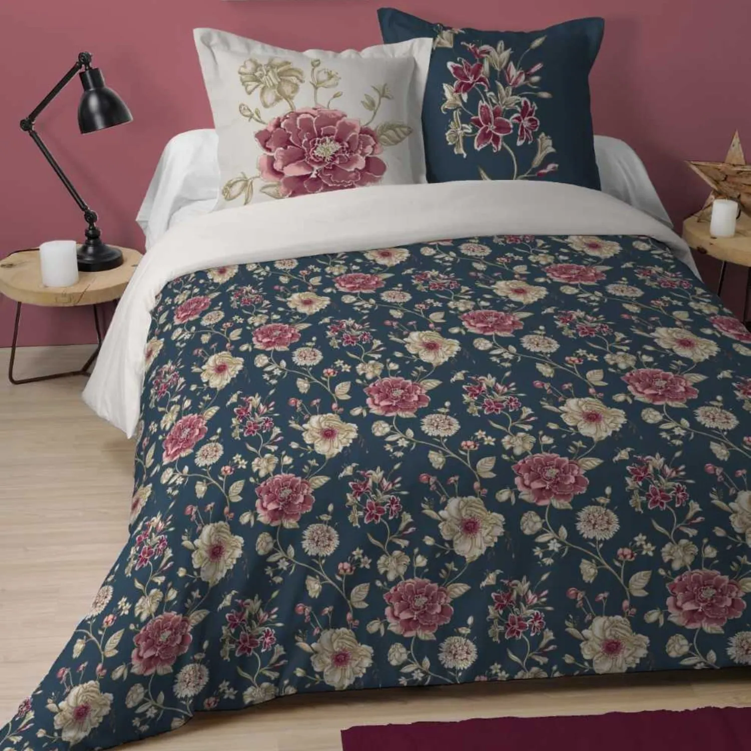 Lovely Casa Flore parure 260x240 cm bleu coton