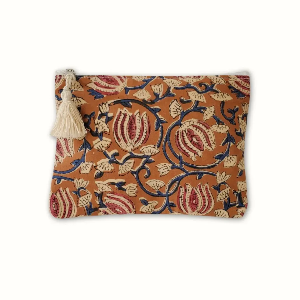 Tribu Indigo block pochette tissu beige fleurs 21x15