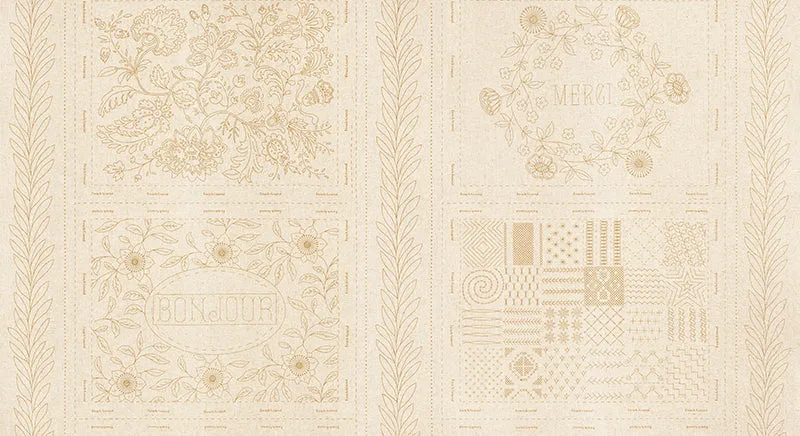 French General Bonheur de Jour sampler broderie lin rouge 4 motifs