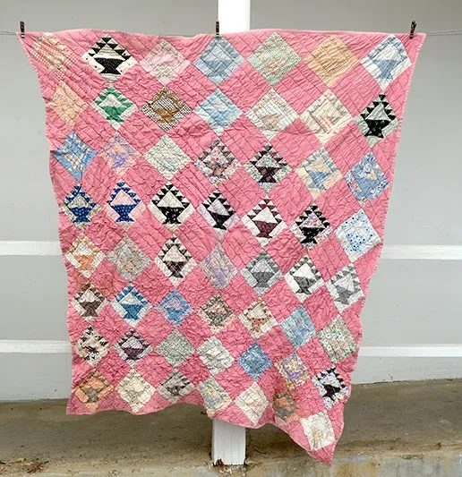 French General Basket quilt ancien 173x224cm cousu main