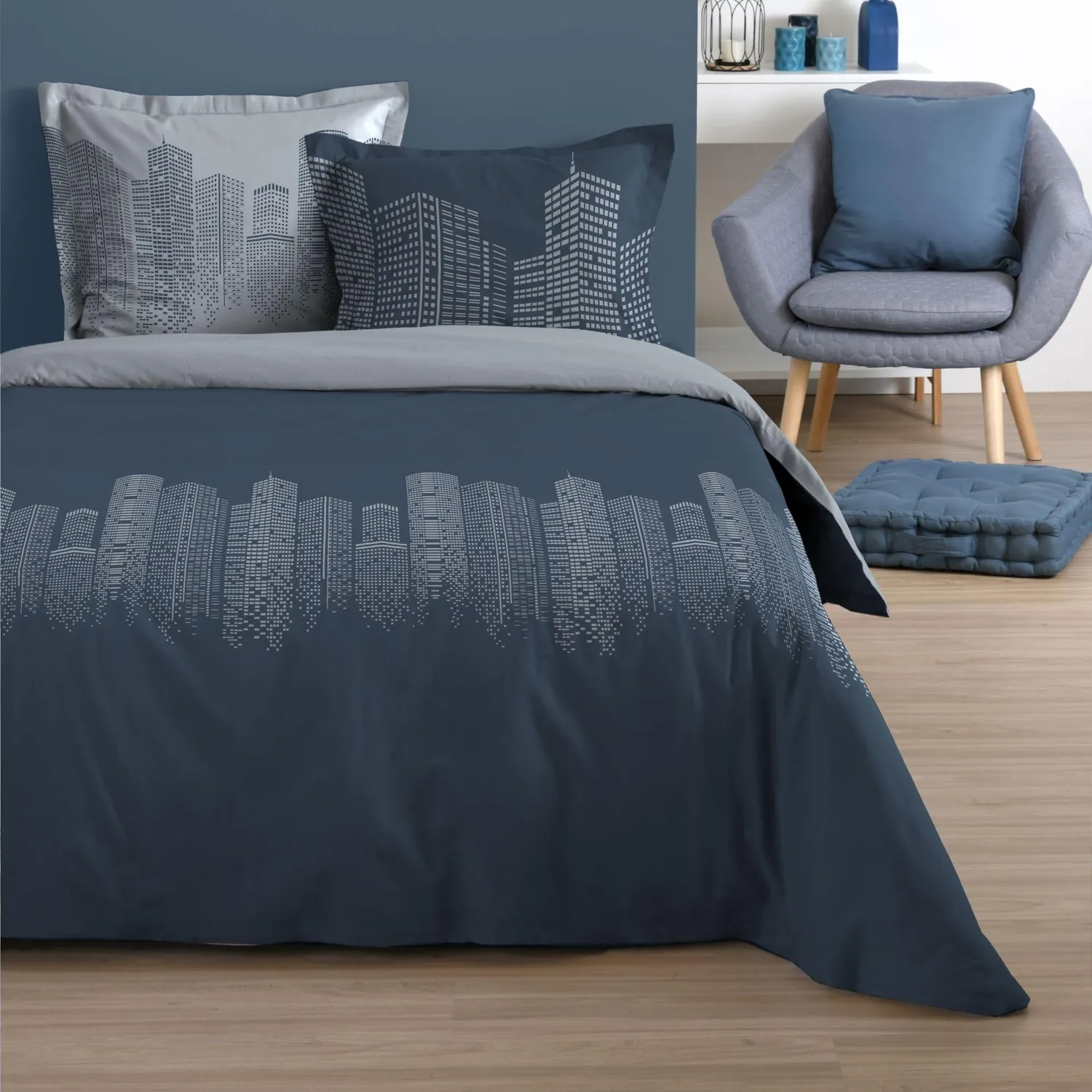 Stof Immeubles parure housse couette 240x220 bleu coton