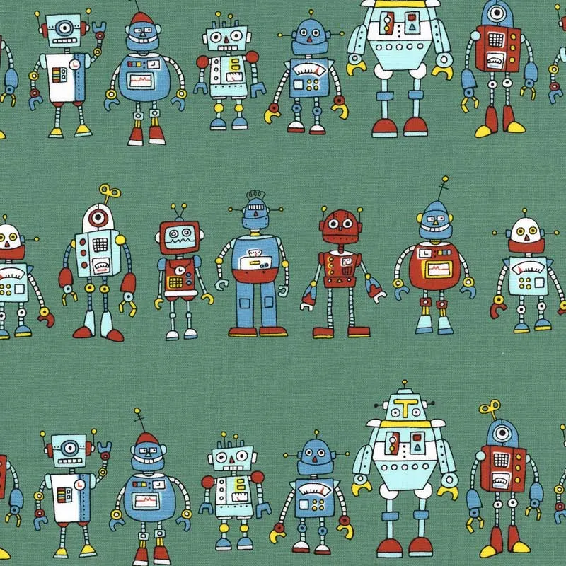 Yoko Saito Many Robots tissu coton au mètre vert