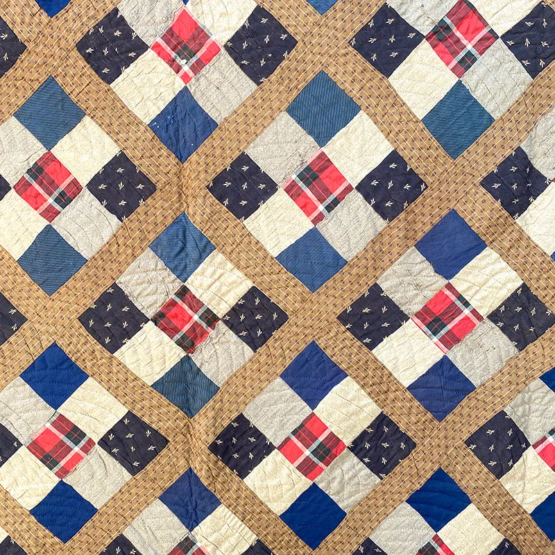 French General Antique Nine Patch quilt ancien 1890