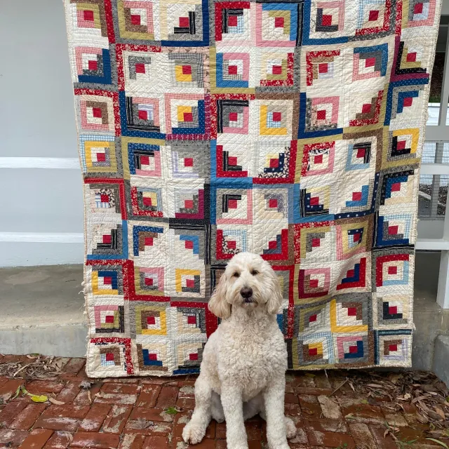 French General Log Cabin quilt ancien 173x213 cœur rouge