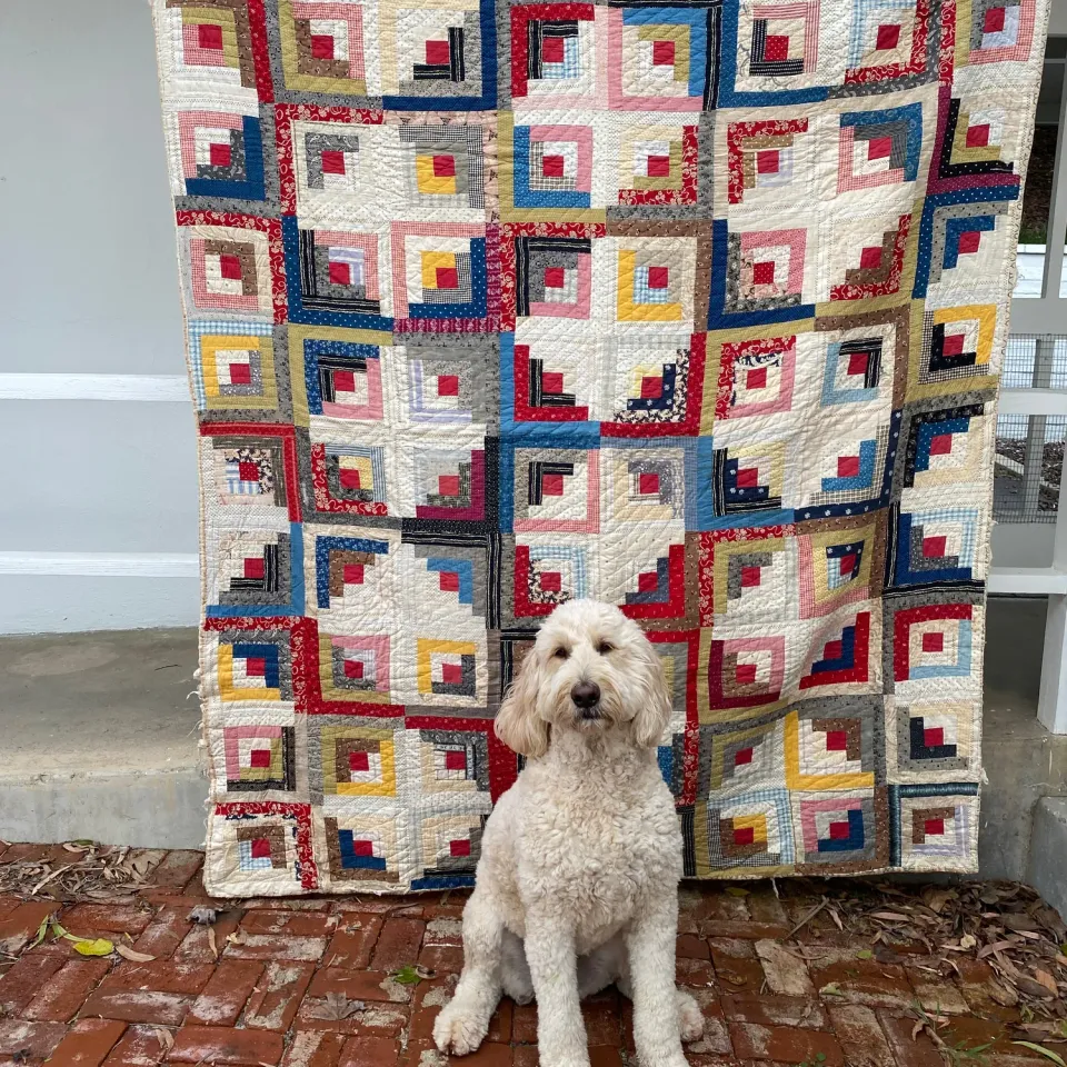 French General Log Cabin quilt ancien 173x213 cœur rouge