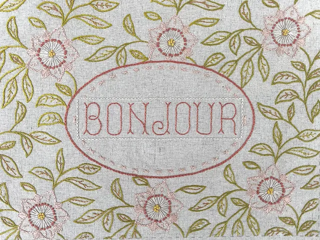 French General Bonheur de Jour sampler broderie lin rouge 4 motifs