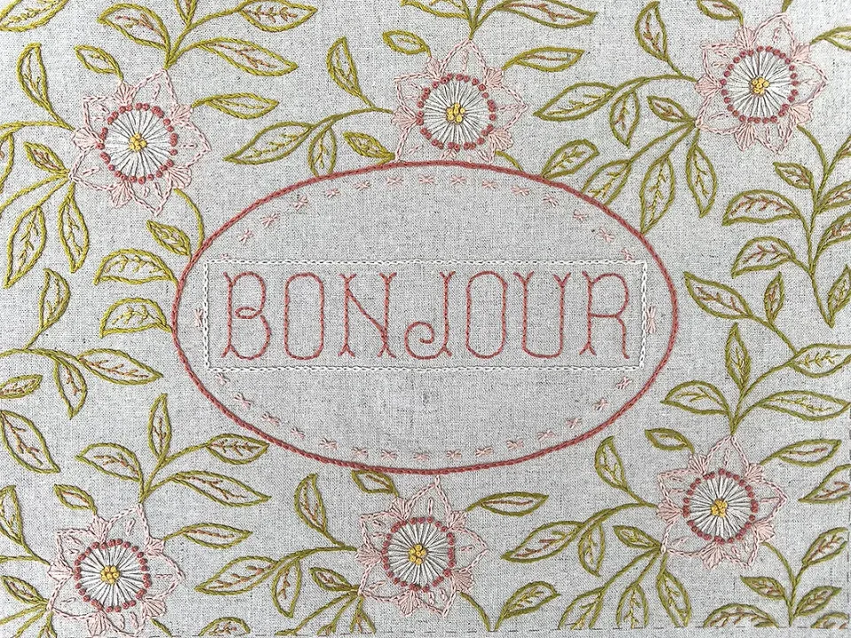 French General Bonheur de Jour sampler broderie lin rouge 4 motifs