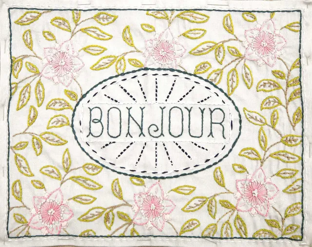 French General Bonjour sampler broderie lin gris 35x28 cm