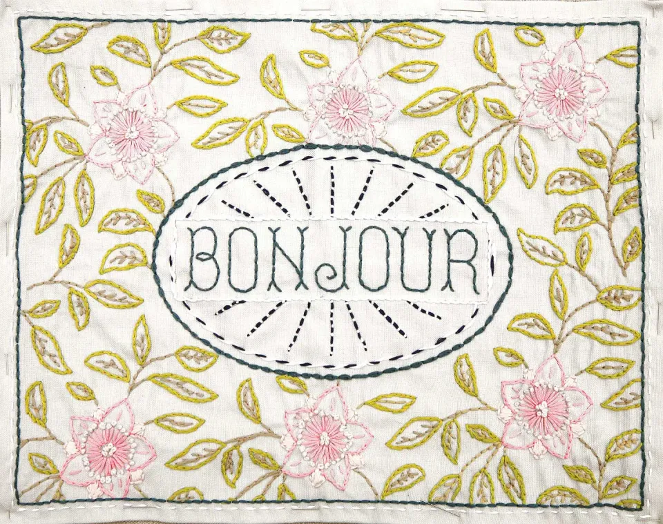 French General Bonjour sampler broderie lin gris 35x28 cm