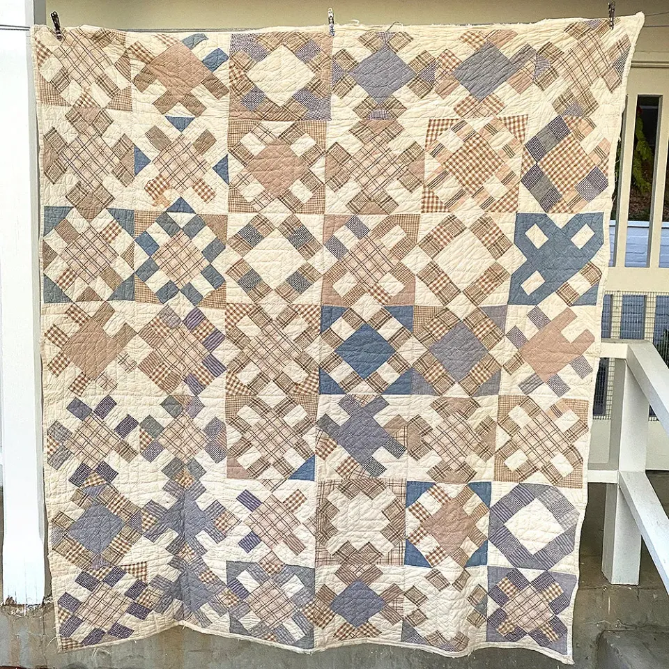 French General Old Workwear quilt ancien 1920 rayures 203x163 patiné