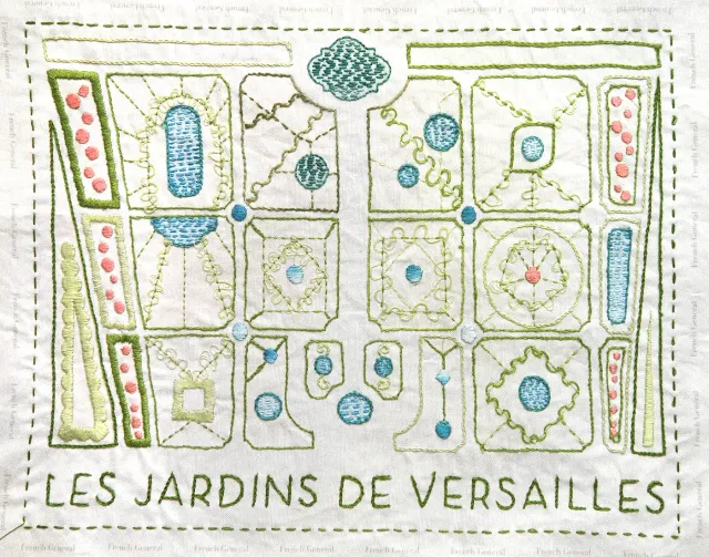 French General Jardins Versailles sampler broderie lin gris