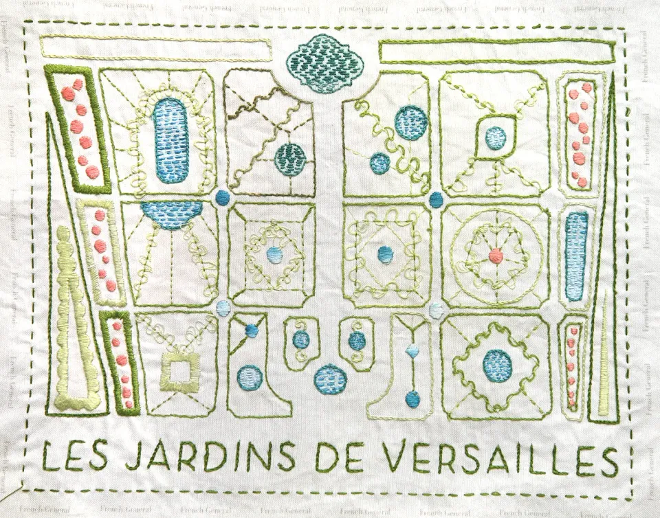 French General Jardins Versailles sampler broderie lin gris