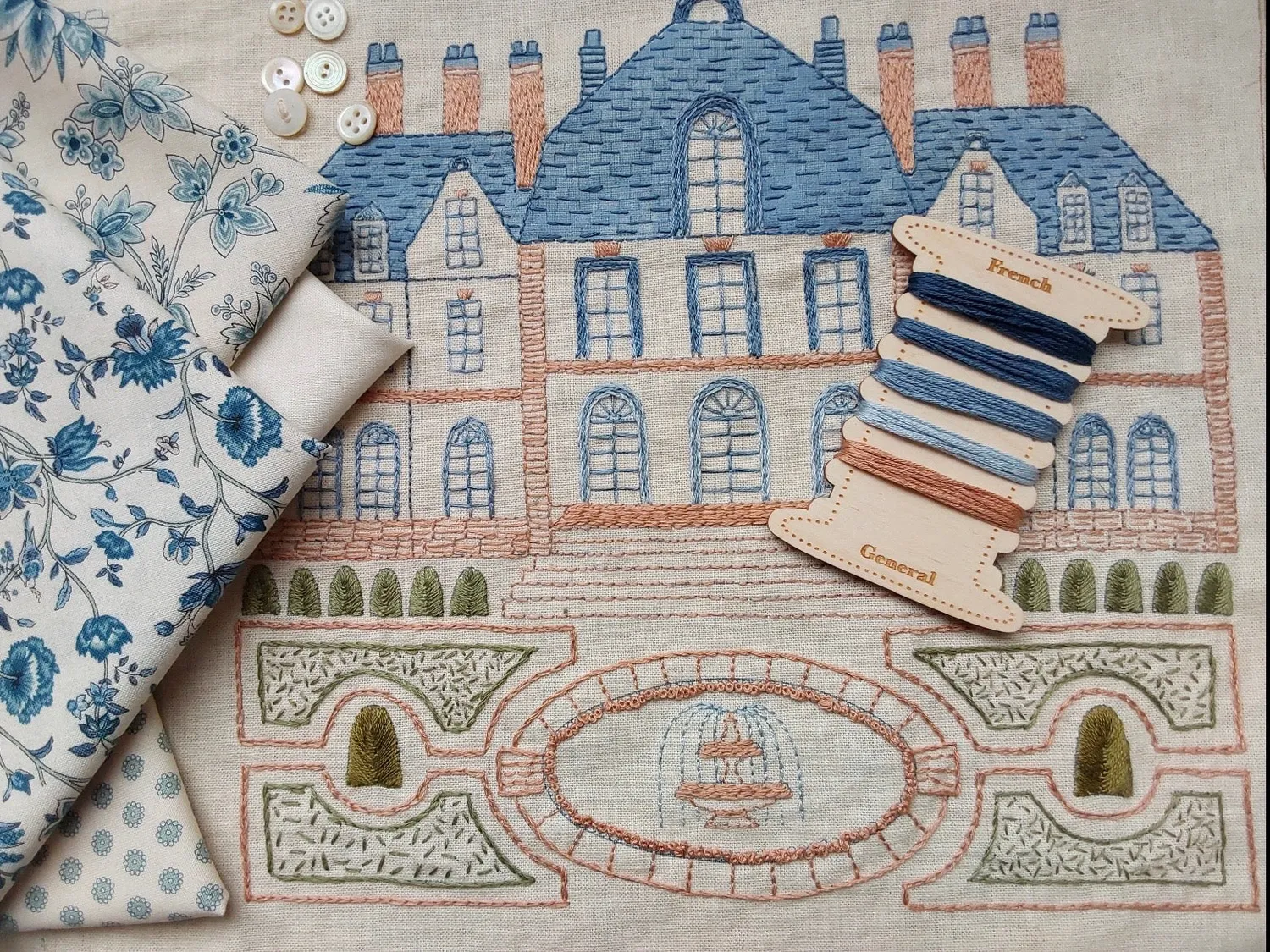 French General La Maison Bleu sampler broderie lin-coton 61x112 cm