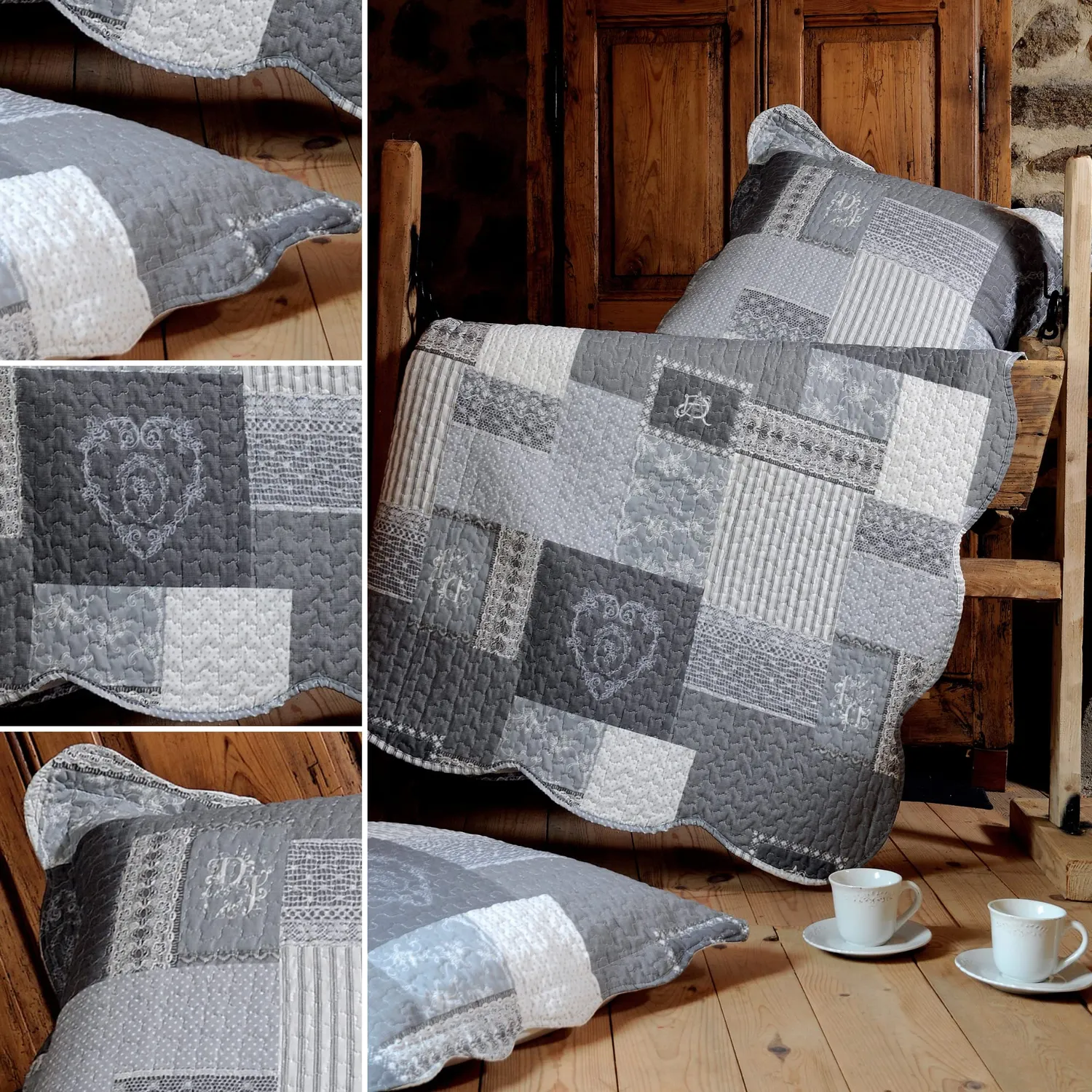 Stof Arkansas boutis 260x240 cm gris + 2 taies patchwork