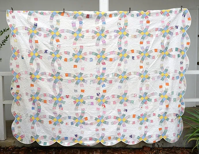 French General Double Wedding Ring quilt ancien coton 1930