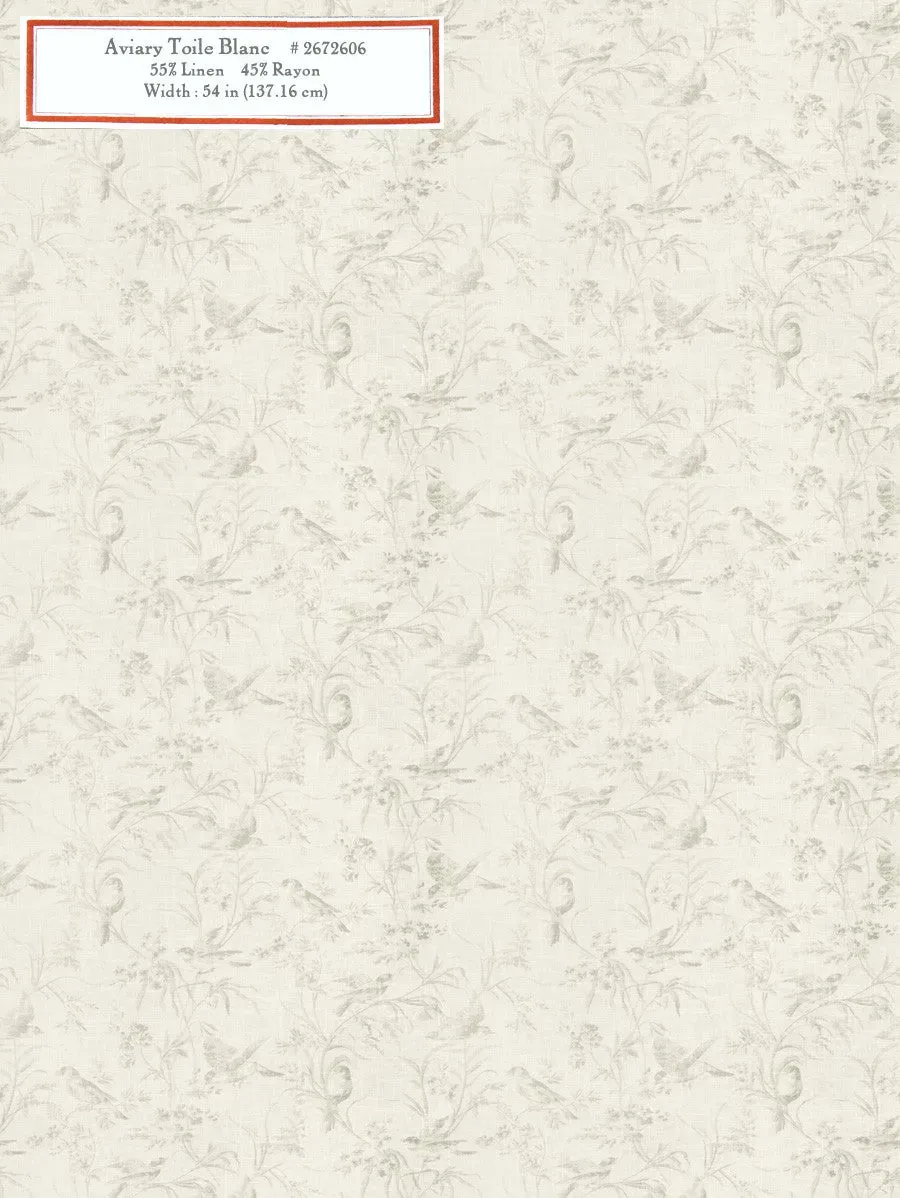 French General Aviary Toile Blanc tissu ameublement blanc au mètre