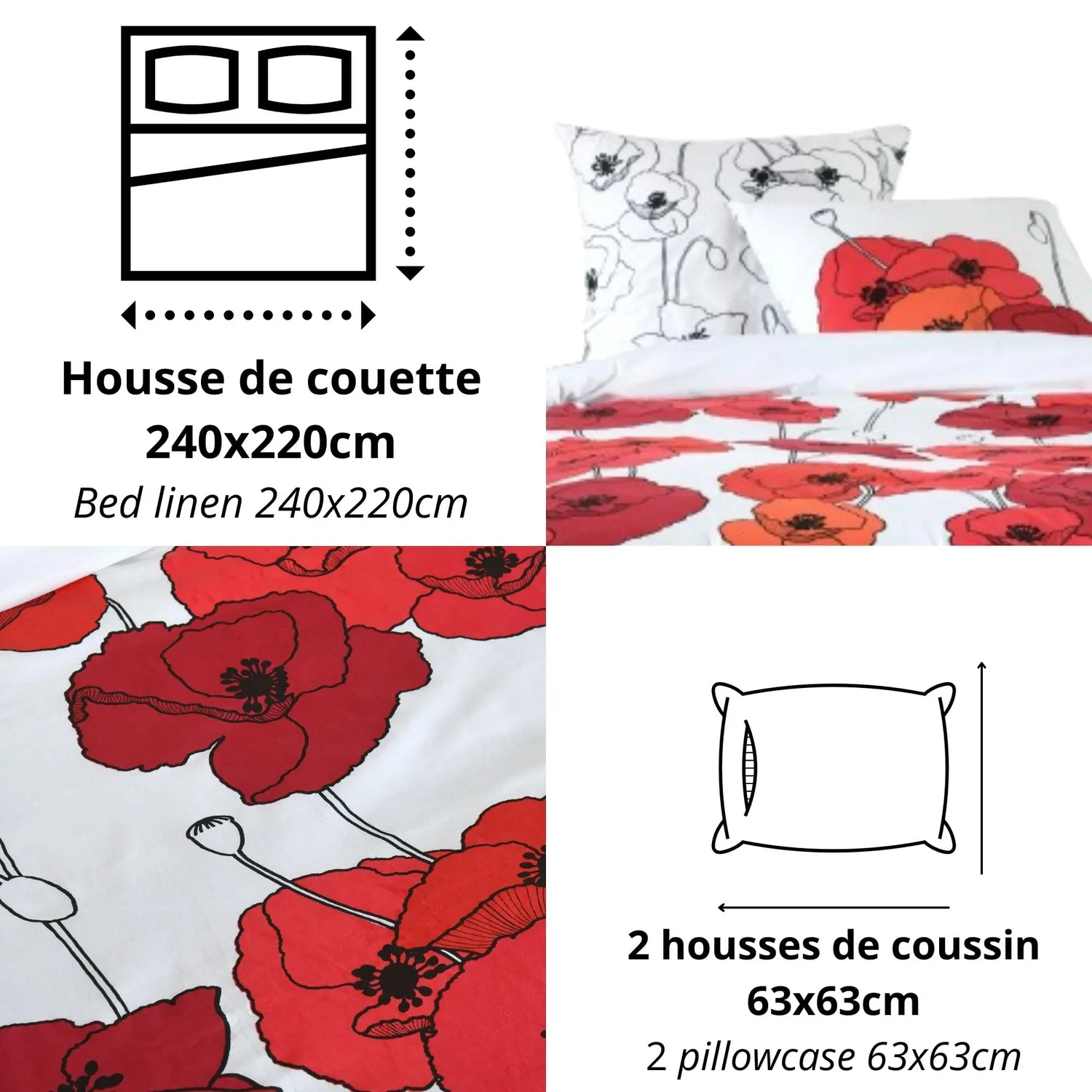 STOF Diane housse de couette 240x220 coton blanc rouge