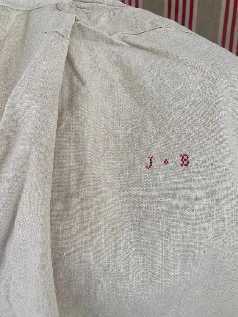 French General chemise ancienne chanvre coton monogramme JB