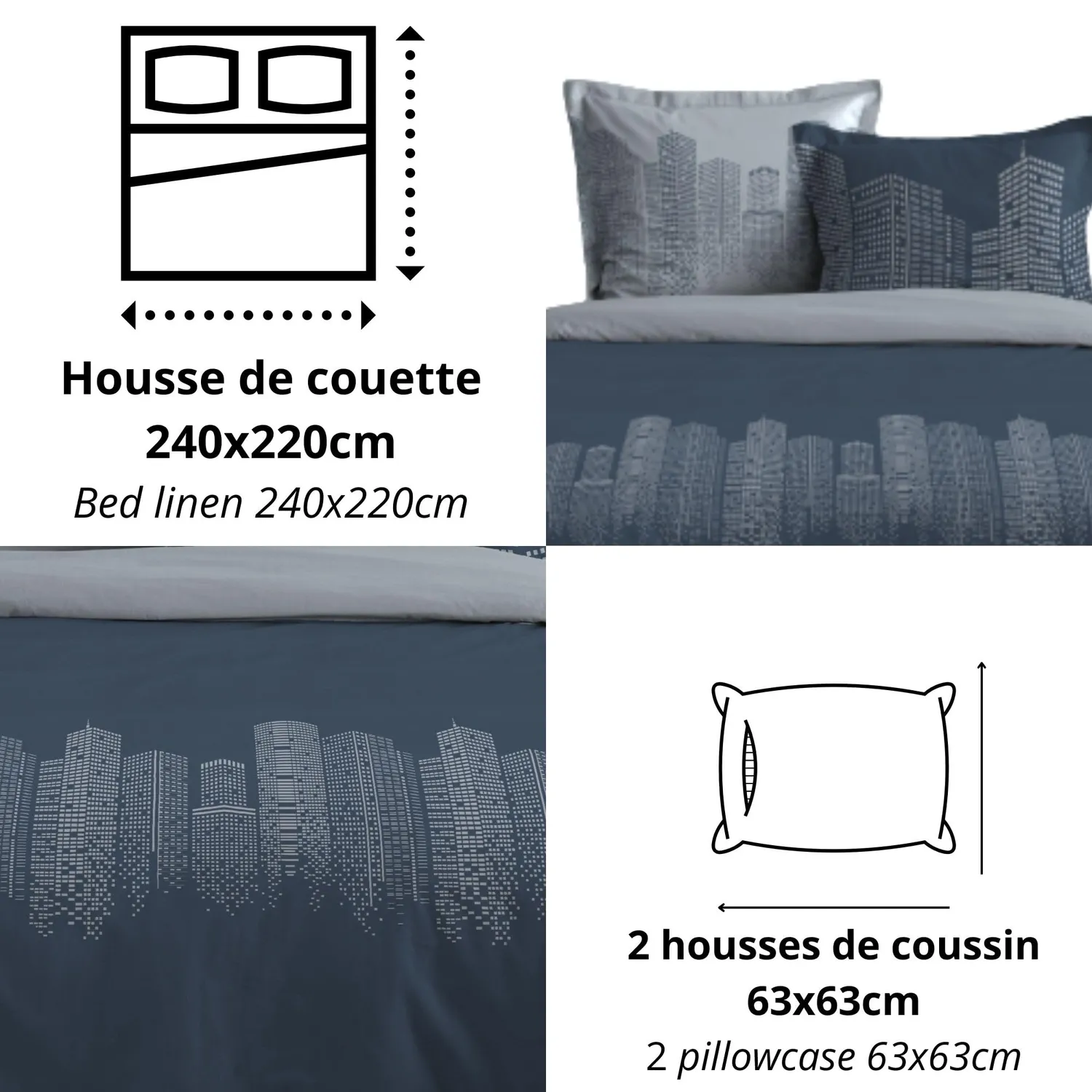 Stof Immeubles parure housse couette 240x220 bleu coton