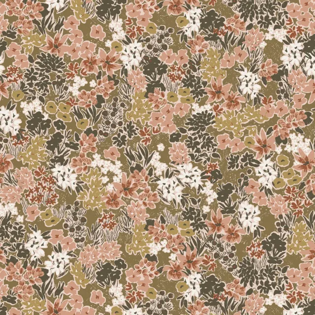 La Maison Naïve Satin Coton Prairie Olive Clair tissu fleuri au mètre