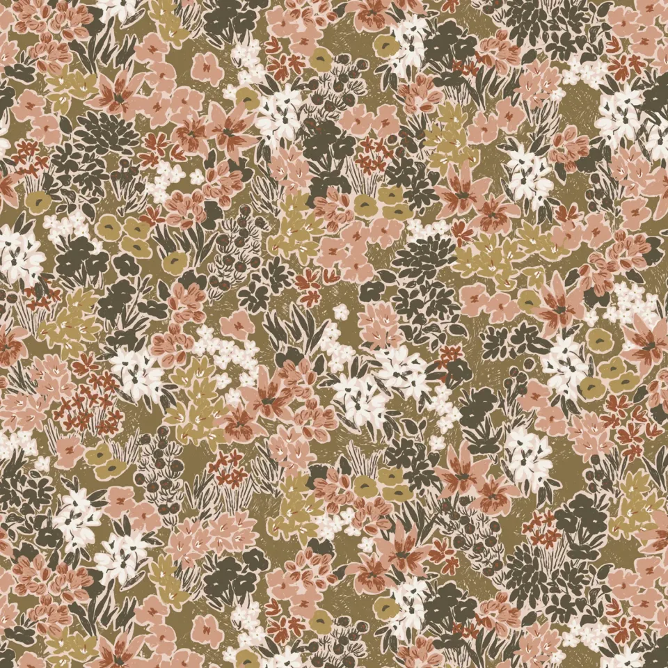 La Maison Naïve Satin Coton Prairie Olive Clair tissu fleuri au mètre