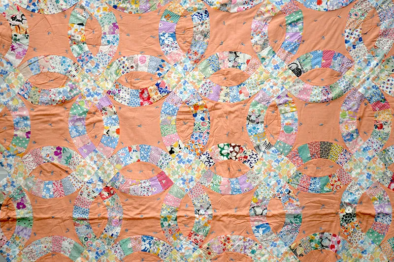 French General Double Wedding Ring quilt ancien 196x196 cm