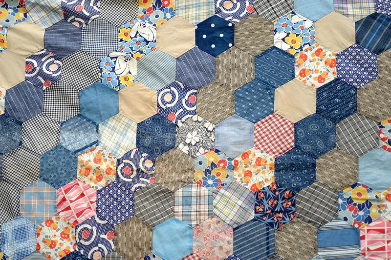 French General Hexagon dessus de quilt ancien indigo 190x211 cm