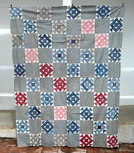 French General Churn Dash dessus de quilt ancien 157x198