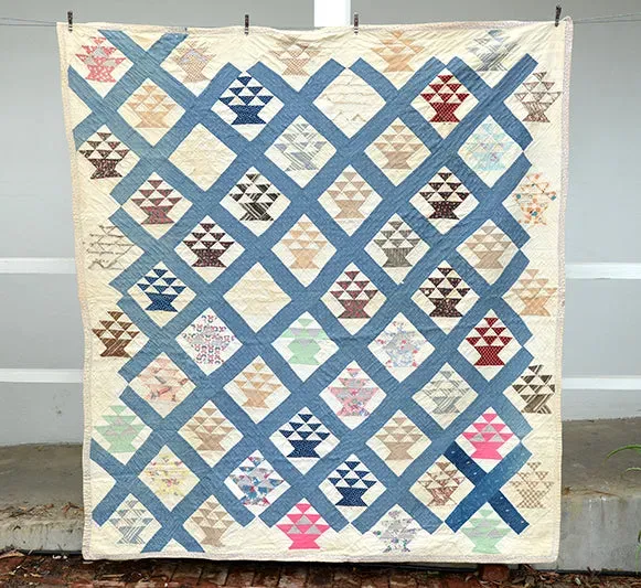 French General Basket Quilt ancien 1920 cousu main 178cm