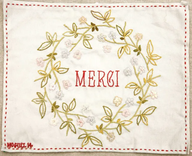 French General Merci sampler toile à broder lin gris
