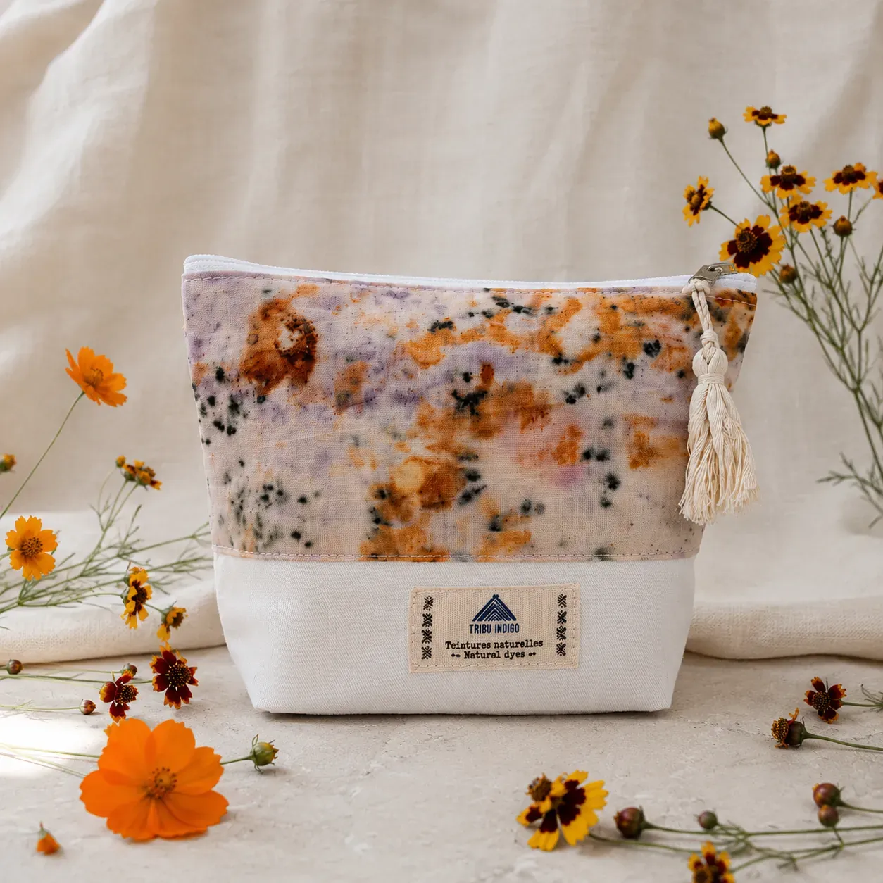 Tribu Indigo Ecoprint petite pochette tissu 18x15 fleurs