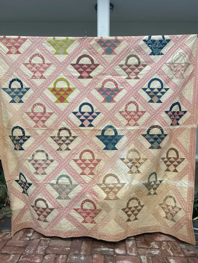 French General quilt panier ancien signé 208x218 cm