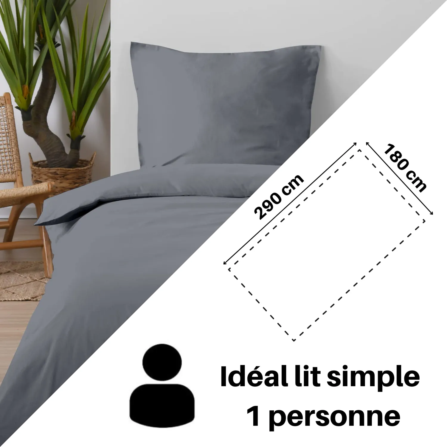 Stof Eden drap plat 180x290 cm gris souris coton