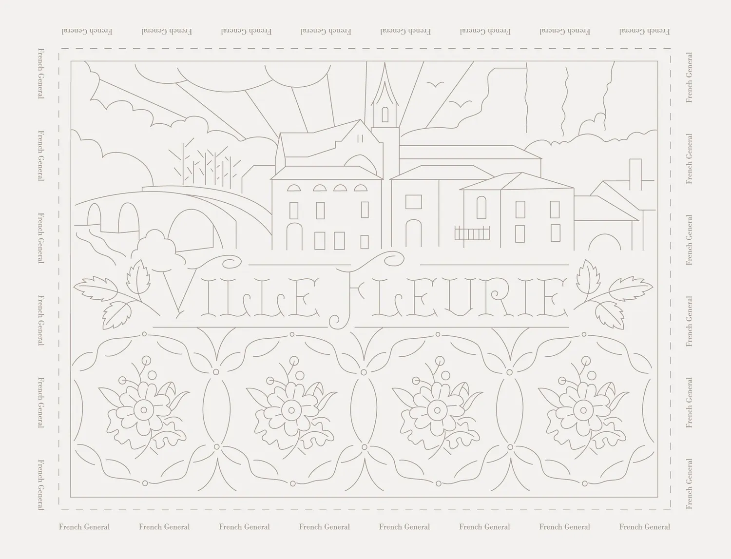 French General Ville Fleurie toile à broder lin gris 35x28 cm