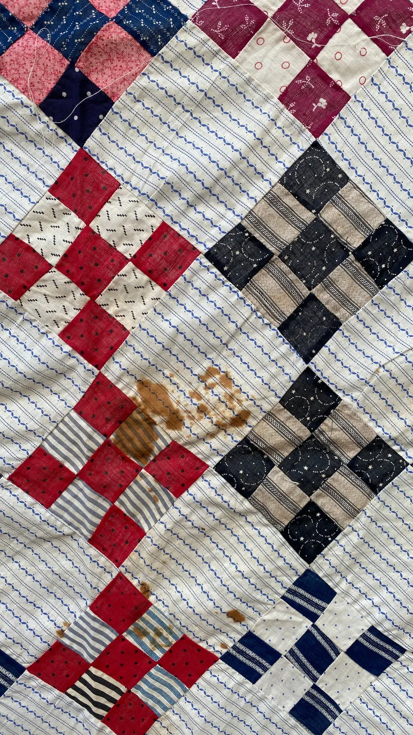 French General Early Nine Patch dessus quilt ancien cutter 90x90
