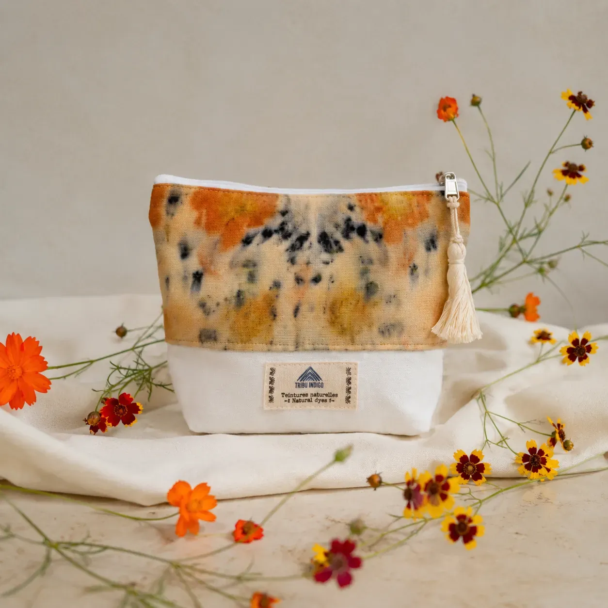 Tribu Indigo Ecoprint petite pochette tissu 18x15 fleurs