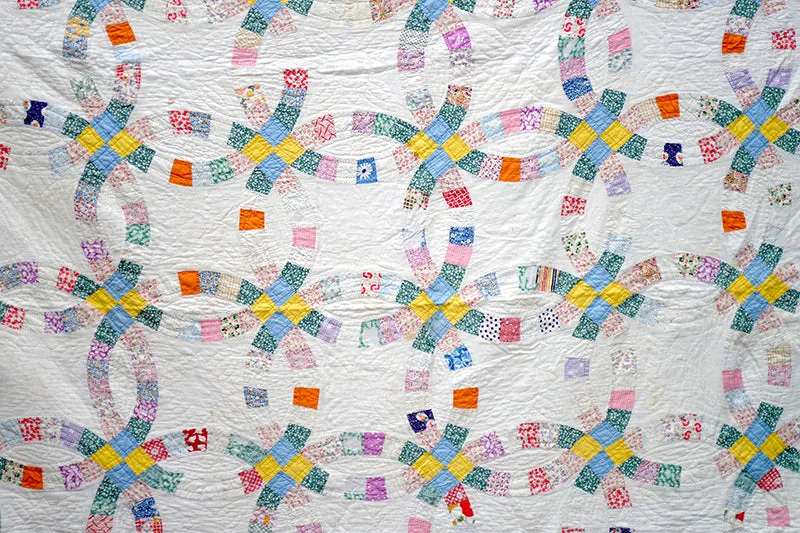 French General Double Wedding Ring quilt ancien coton 1930