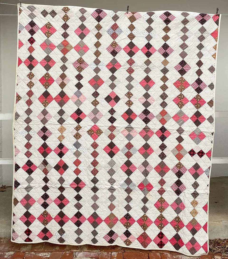 French General Four Patch quilt ancien coton rose 173x213