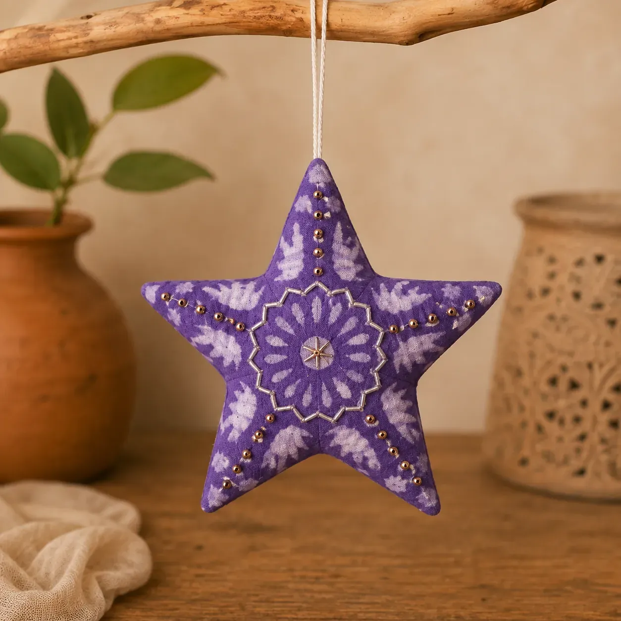 Tribu Indigo Dabu lot 4 étoiles tissu 15x15 multicolore