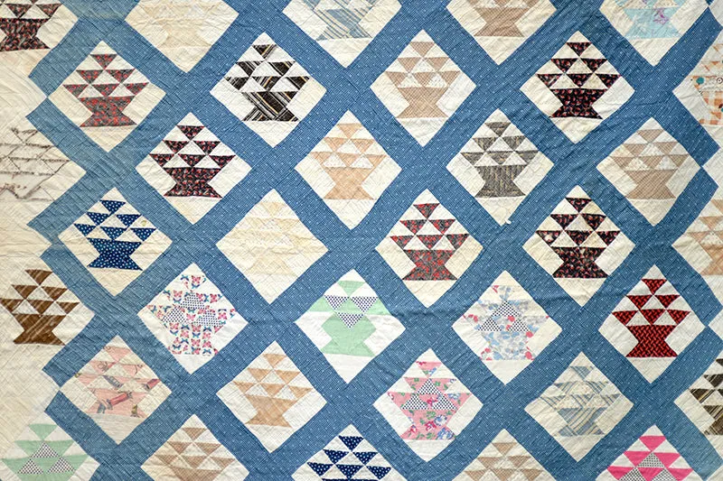 French General Basket Quilt ancien 1920 cousu main 178cm