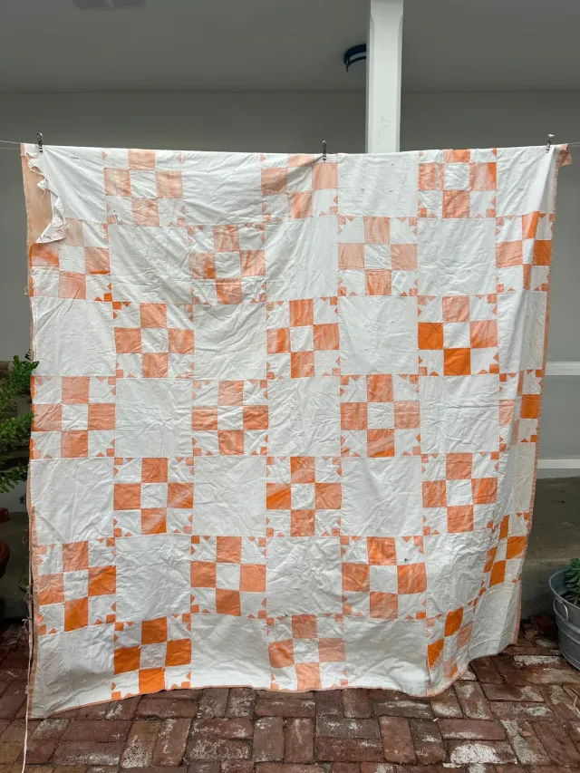 French General Nine Patch quilt ancien orange à découper 208 cm