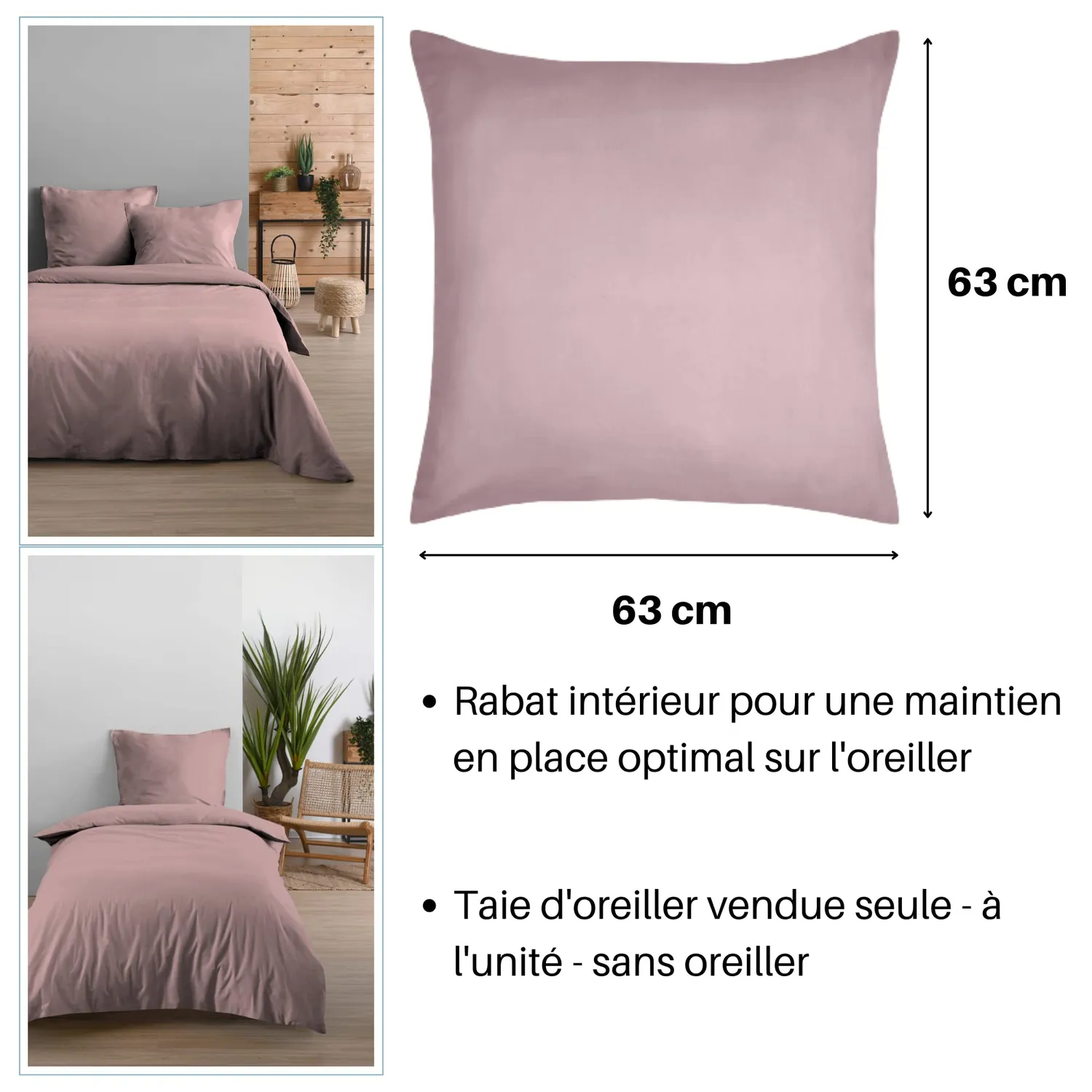 STOF Eden taie d’oreiller 63x63 cm vieux rose coton