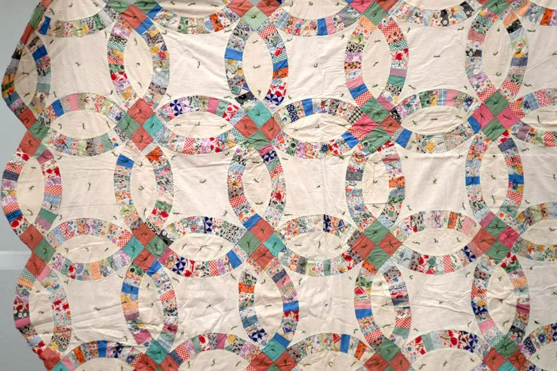 French General Double Wedding Ring quilt ancien 76x76