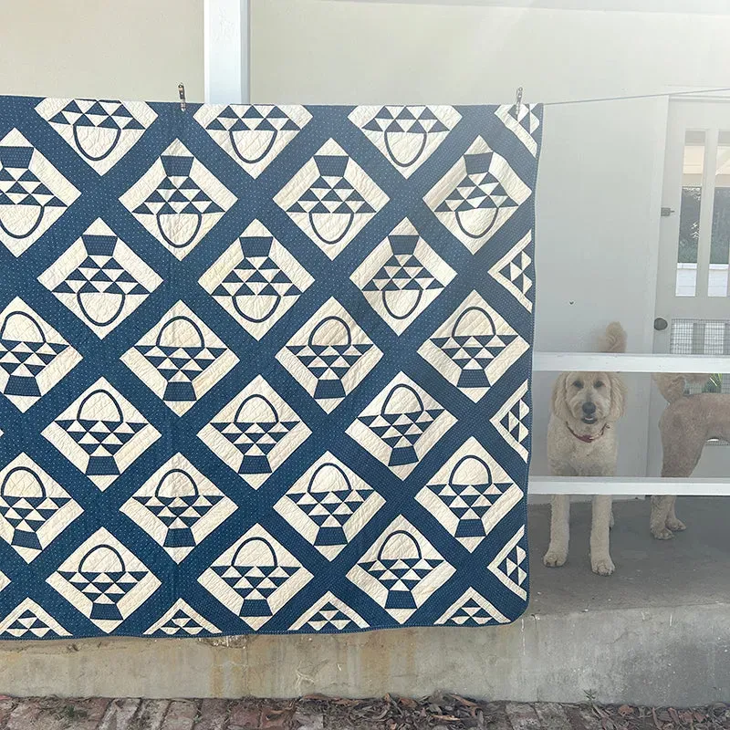 French General Basket Quilt indigo quilt ancien pois 173x218 cm