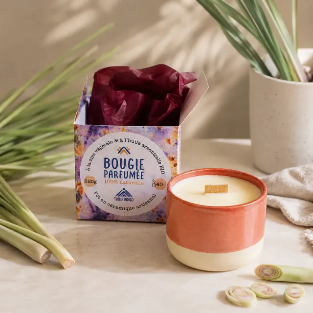 Tribu Indigo citronnelle bougie parfumée 40h mèche bois